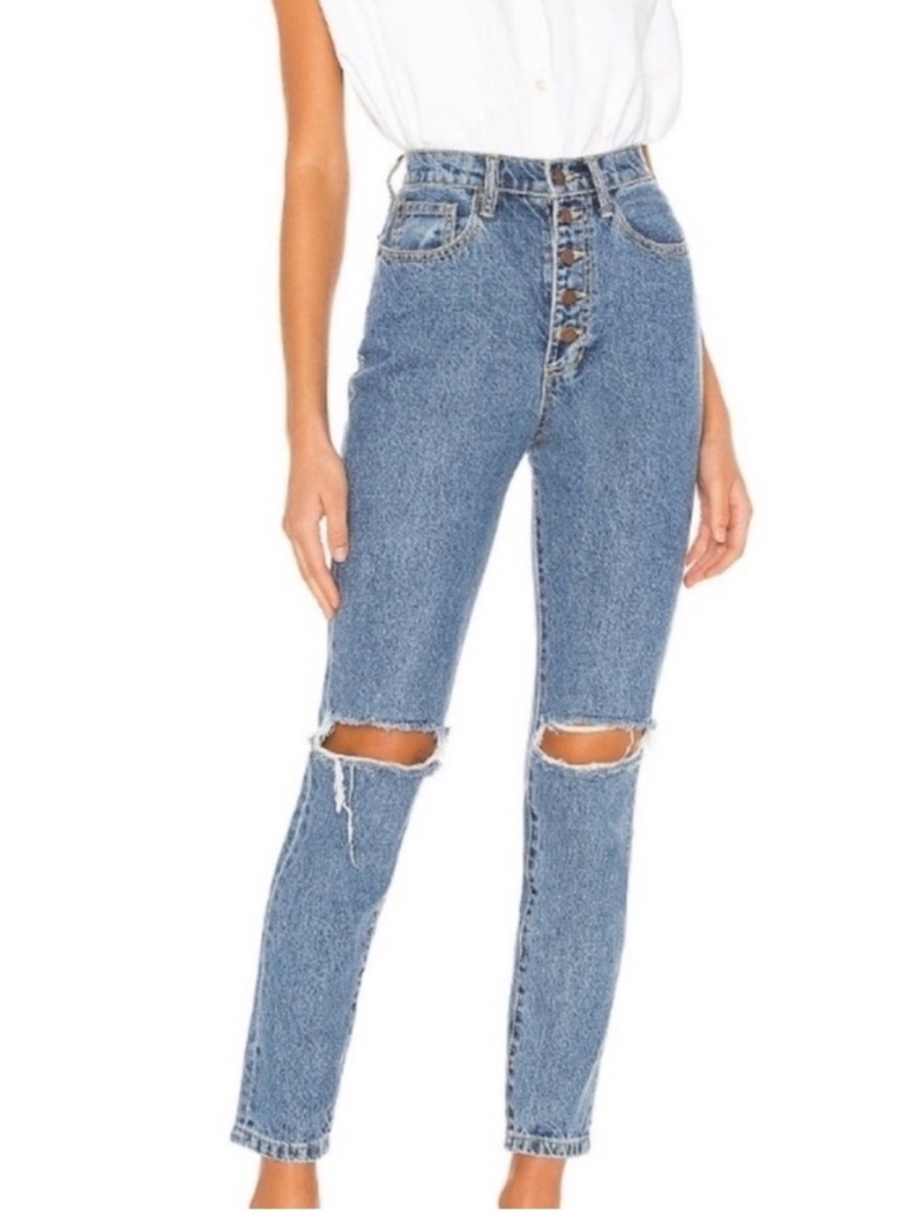 WeWoreWhat Danielle High Rise Straight Jeans Distressed Button Fly Vintage Wash